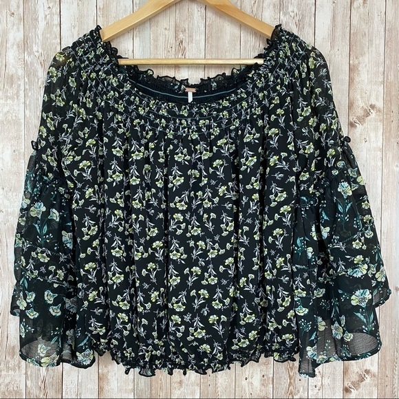Free People Rose Valley Black Combo Off the Shoulder Floral Printed Blouse - Picture 4 of 13